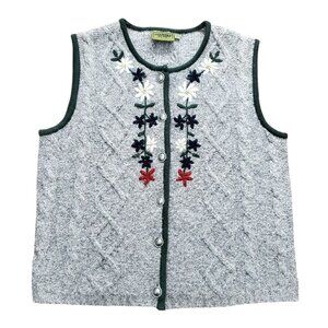 VTG Knit Sweater Vest Embroidered Flowers Gray Country Blue Wool Blend Womens M